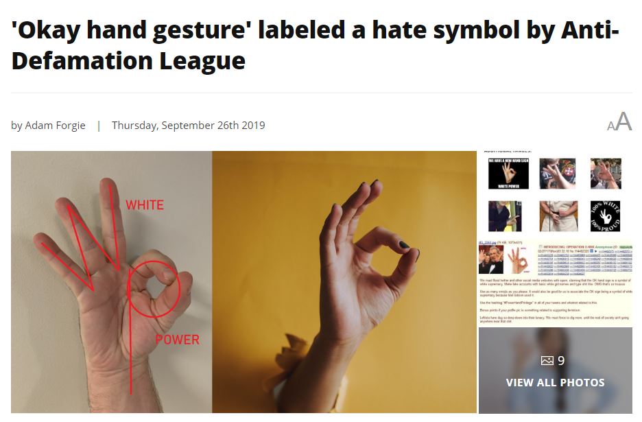 english phonetic symbols - 'Okay hand gesture' labeled a hate symbol by Anti Defamation League by Adam Forgie | Thursday, September 26th 2019 We Reisen Wir Sico White Err yapp www Power 9 View All Photos