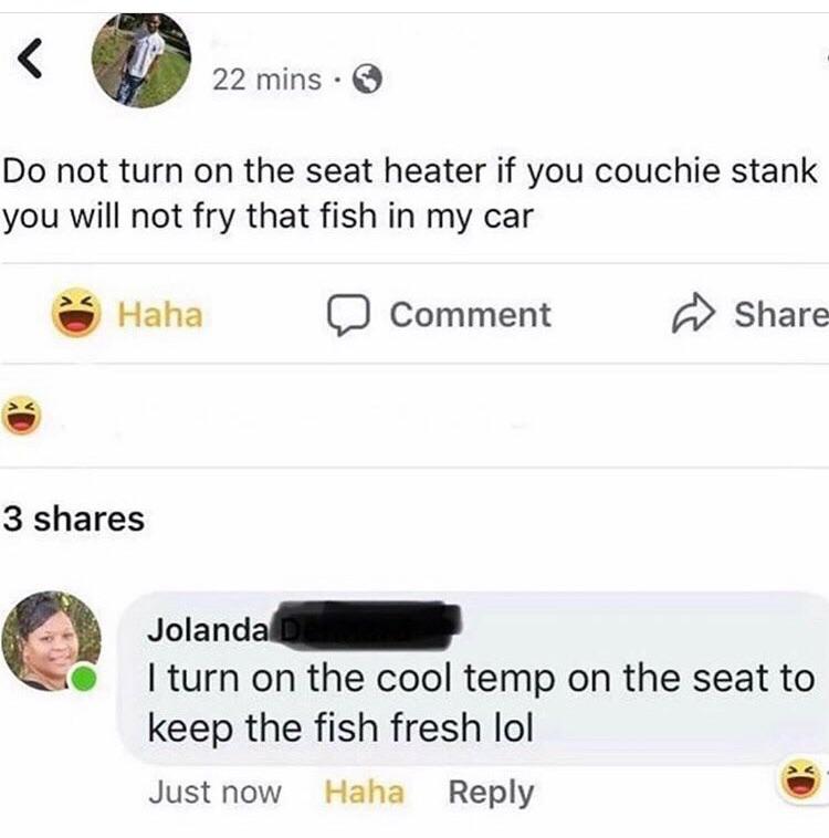 web page - 22 mins. Do not turn on the seat heater if you couchie stank you will not fry that fish in my car Haha Comment 3 Jolanda D I turn on the cool temp on the seat to keep the fish fresh lol Just now Haha