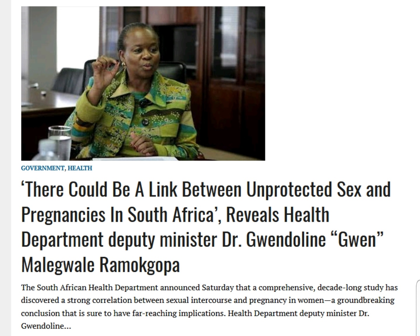 human behavior - Government, Health There Could Be A Link Between Unprotected Sex and Pregnancies In South Africa', Reveals Health Department deputy minister Dr. Gwendoline Gwen Malegwale Ramokgopa The South African Health Department announced Saturday th