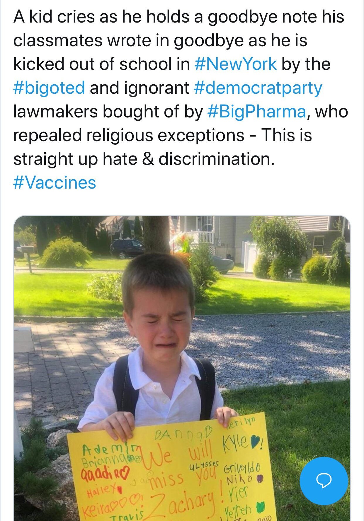 nature - A kid cries as he holds a goodbye note his classmates wrote in goodbye as he is kicked out of school in York by the and ignorant lawmakers bought of by , who repealed religious exceptions This is straight up hate & discrimination. et Klep g Ademe
