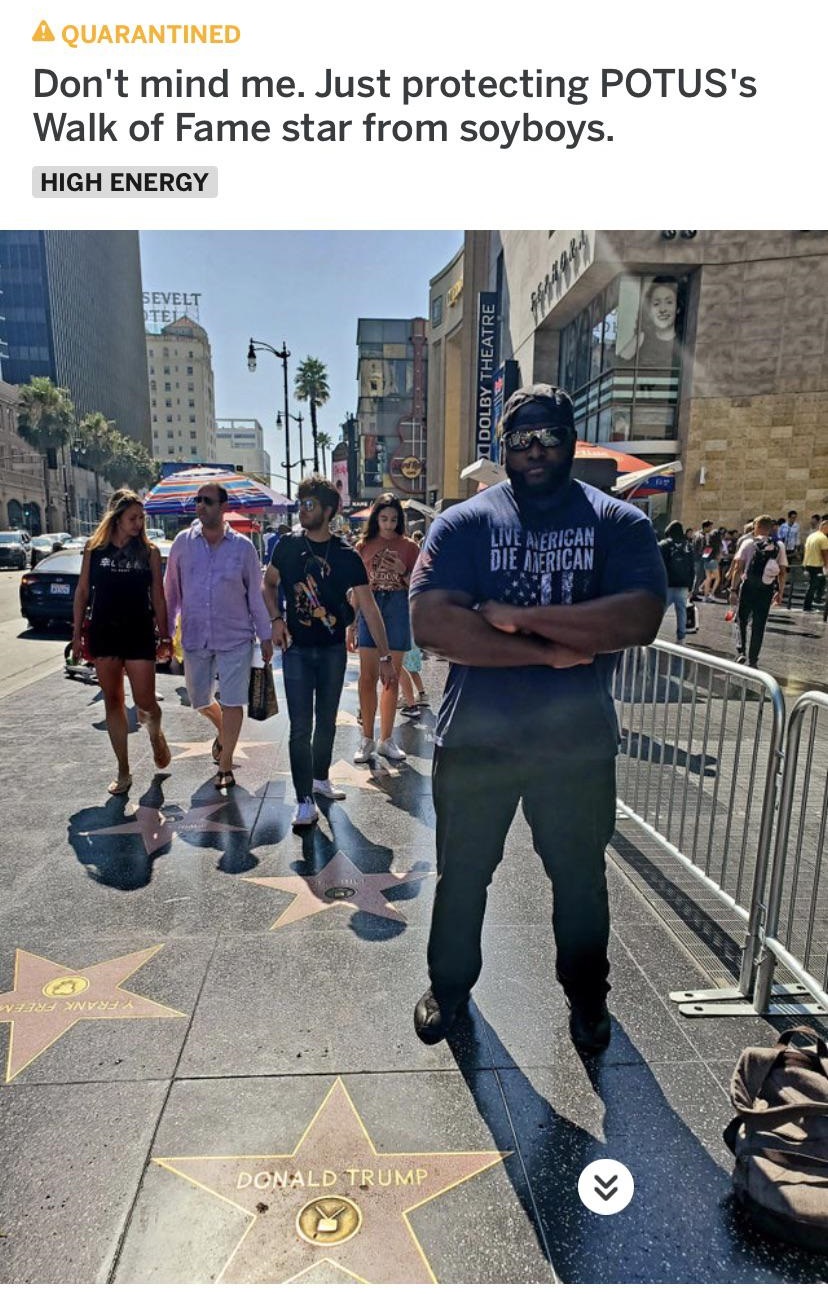 street - A Quarantined Don't mind me. Just protecting Potus's Walk of Fame star from soyboys. High Energy Sevelt Dolby Theatre Live African Die American Visa Ynvya Donald Trump