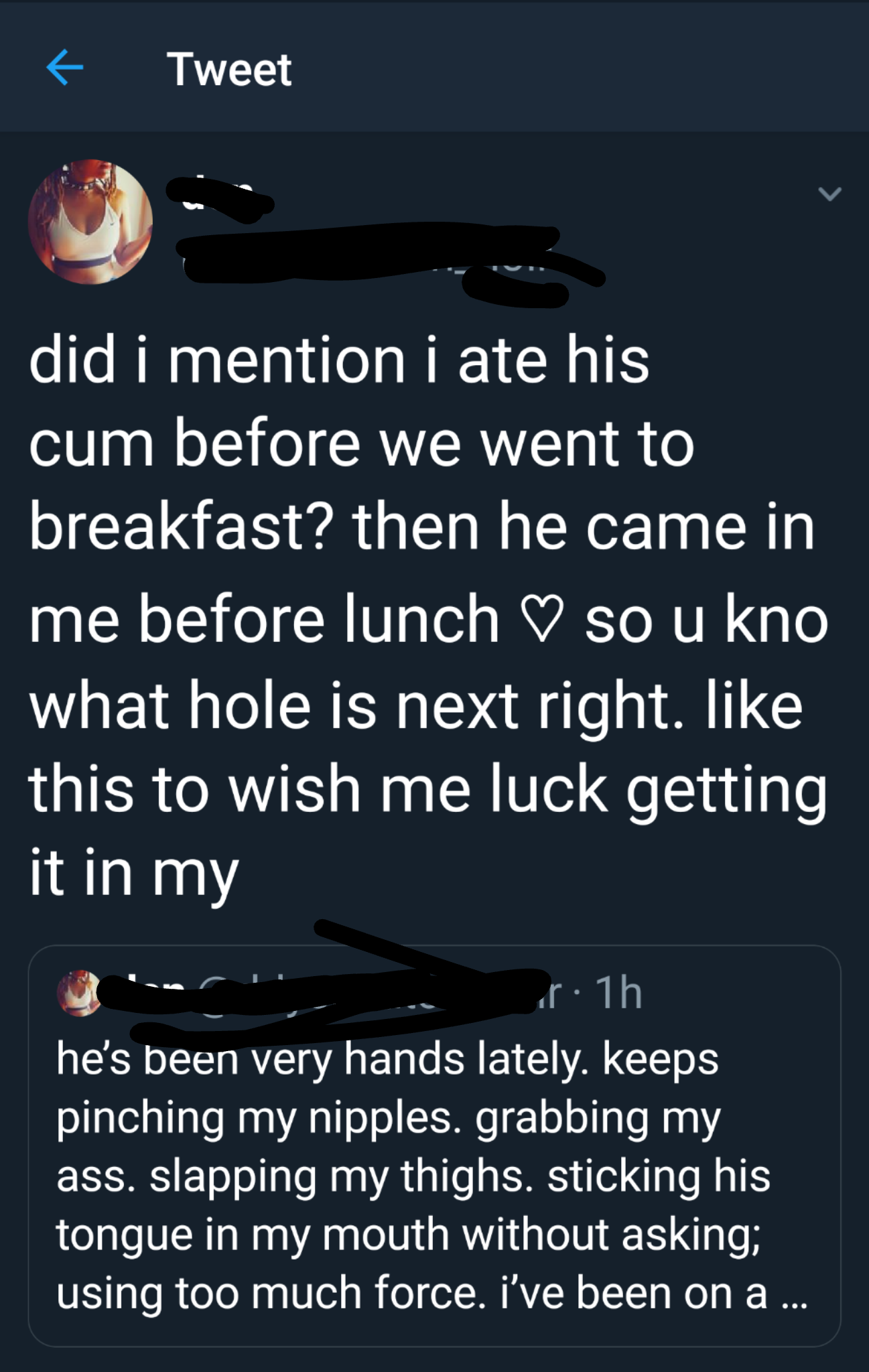 sex memes - Tweet did i mention i ate his cum before we went to breakfast? then he came in me before lunch so u kno what hole is next right. this to wish me luck getting it in my 1h he's been very hands lately. keeps pinching my nipples. grabbing my ass.