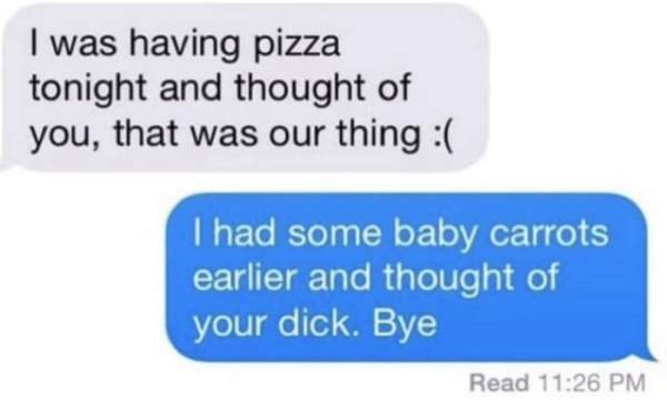 text responses to exes - I was having pizza tonight and thought of you, that was our thing I had some baby carrots earlier and thought of your dick. Bye Read
