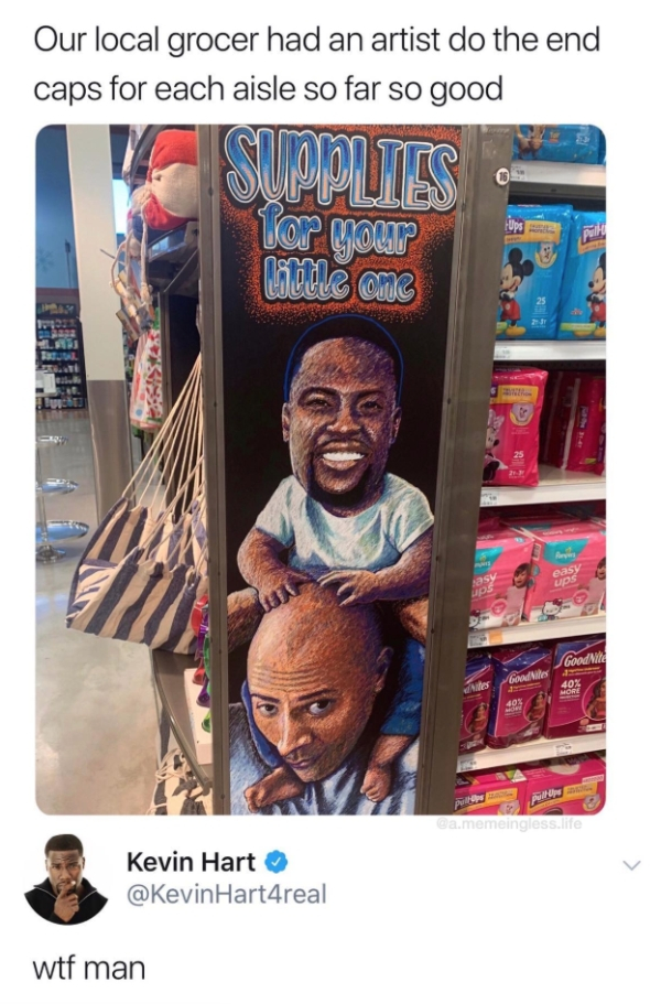 supplies for your little one kevin hart - Our local grocer had an artist do the end caps for each aisle so far so good Wirts one Kevin Hart Hart4real wtf man