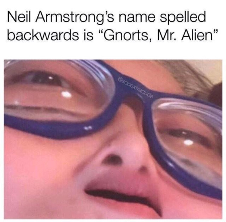 clean meme - Neil Armstrong's name spelled backwards is "Gnorts, Mr. Alien"