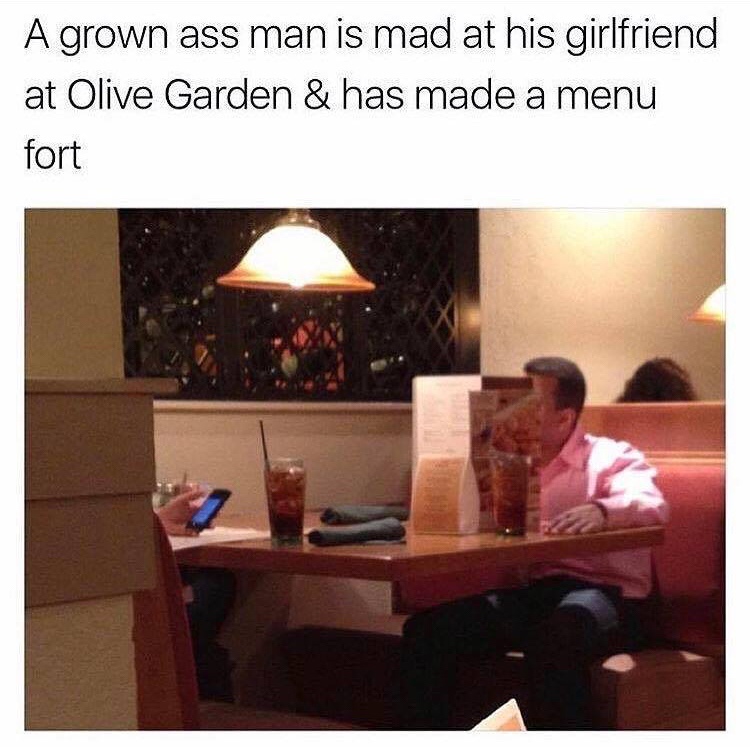 olive garden menu fort - A grown ass man is mad at his girlfriend at Olive Garden & has made a menu fort