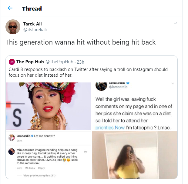 black twitter - This generation wanna hit without being hit back The Pop Hub . 23h Cardi B responds to backlash on Twitter after saying a troll on Instagram should focus on her diet instead of her. lanicarulu Well the girl was leaving fuck on m