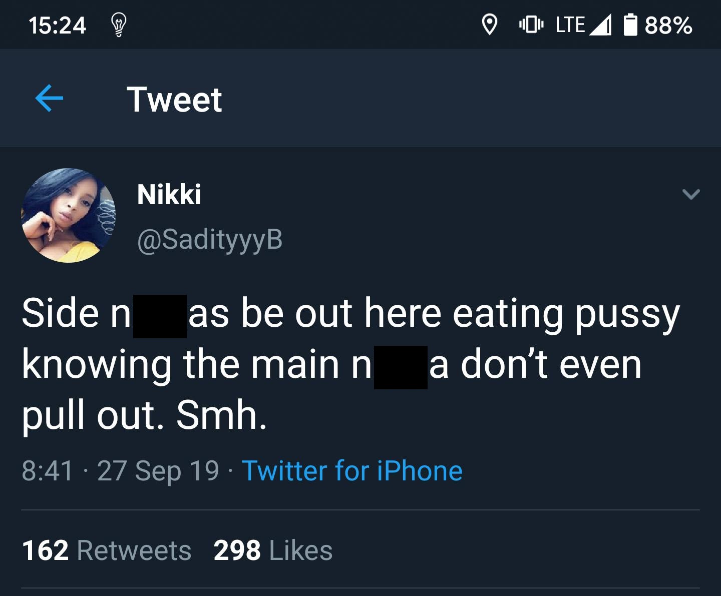 black twitter - Side n as be out here eating pussy knowing the main n a don't even pull out. Smh. 27 Sep 19 Twitter for iPhone 162 298