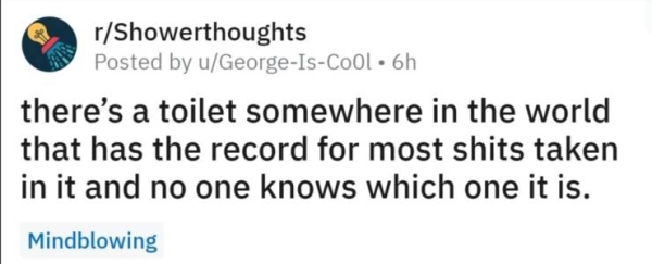 rShowerthoughts Posted by uGeorgeIsCool. 6h there's a toilet somewhere in the world that has the record for most shits taken in it and no one knows which one it is. Mindblowing