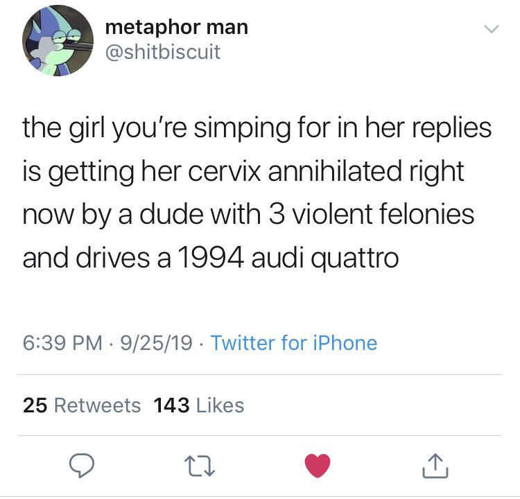 fleetwood mac rumors meme - metaphor man the girl you're simping for in her replies is getting her cervix annihilated right now by a dude with 3 violent felonies and drives a 1994 audi quattro . 92519. Twitter for iPhone 25 143
