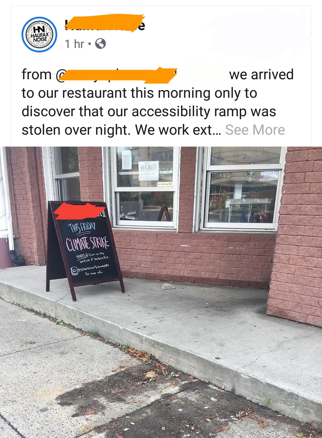 window - a 1 hr. from we arrived to our restaurant this morning only to discover that our accessibility ramp was stolen over night. We work ext... See More Wsime