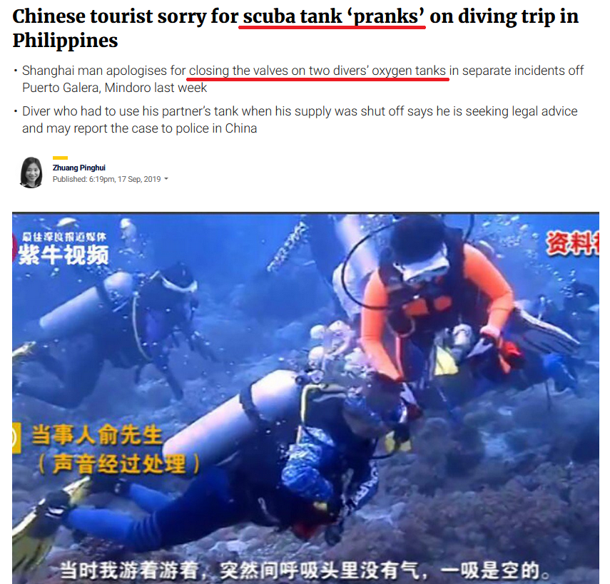 Chinese tourist sorry for scuba tank 'pranks' on diving trip in Philippines Shanghai man apologises for closing the valves on two divers' oxygen tanks in separate incidents off Puerto Galera, Mindoro last week Diver who had to use his partner's tank when…