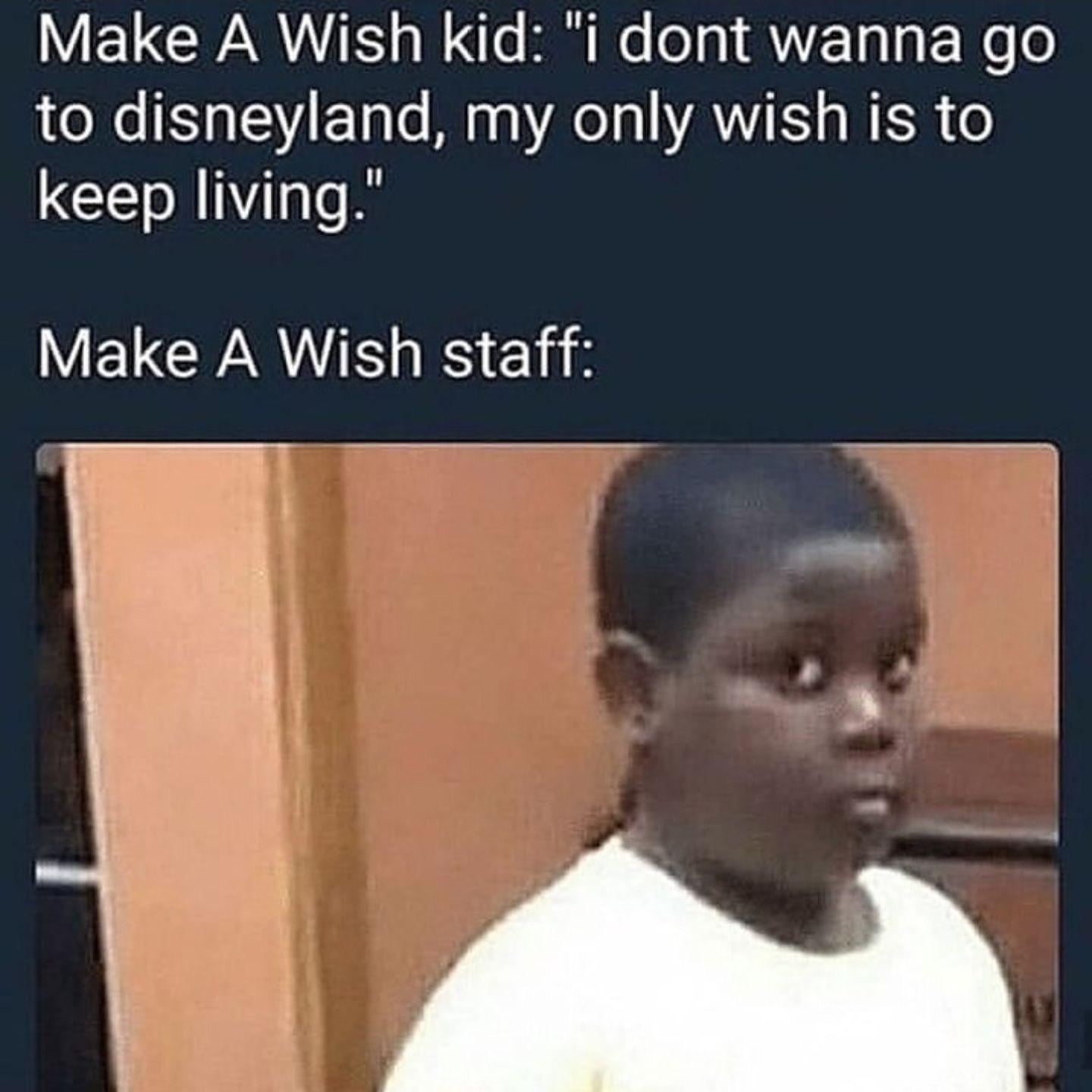 dark memes 2019 - Make A Wish kid "i dont wanna go to disneyland, my only wish is to keep living." Make A Wish staff