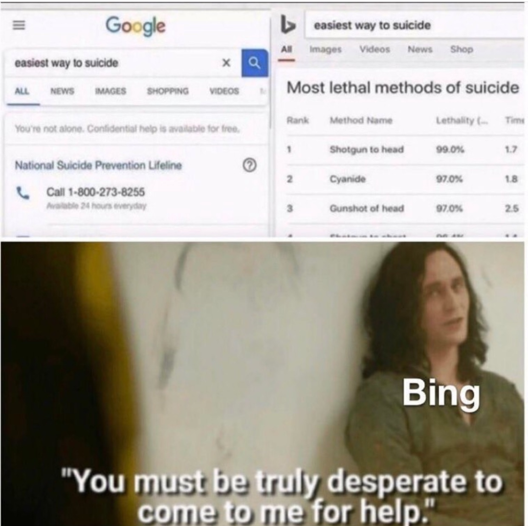 google vs bing suicide meme - Google L A easiest way to suicide mages Videos News Shop easiest way to suicide All News Mages Shopping Voeos Most lethal methods of suicide MethodName Lethal You to con f ort Shotgun to head 90.0% National Suicide Prevention