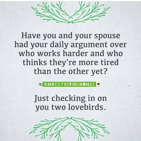 tree - Have you and your spouse had your daily argument over who works harder and who thinks they're more tired than the other yet? Macgyvering MOM22 Just checking in on you two lovebirds.