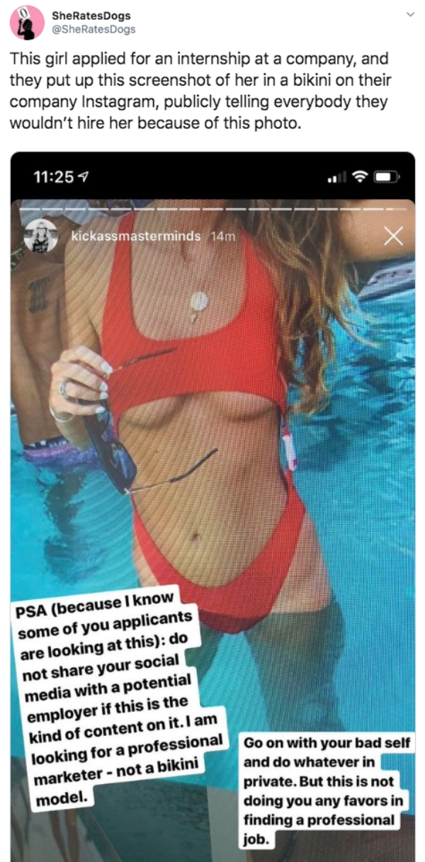 magazine - ShetlatesDogs This girl applied for an internship at a company, and they put up this screenshot of her in a bikini on their company Instagram, publicly telling everybody they wouldn't hire her because of this photo kickassmasterminds 14m Psa be