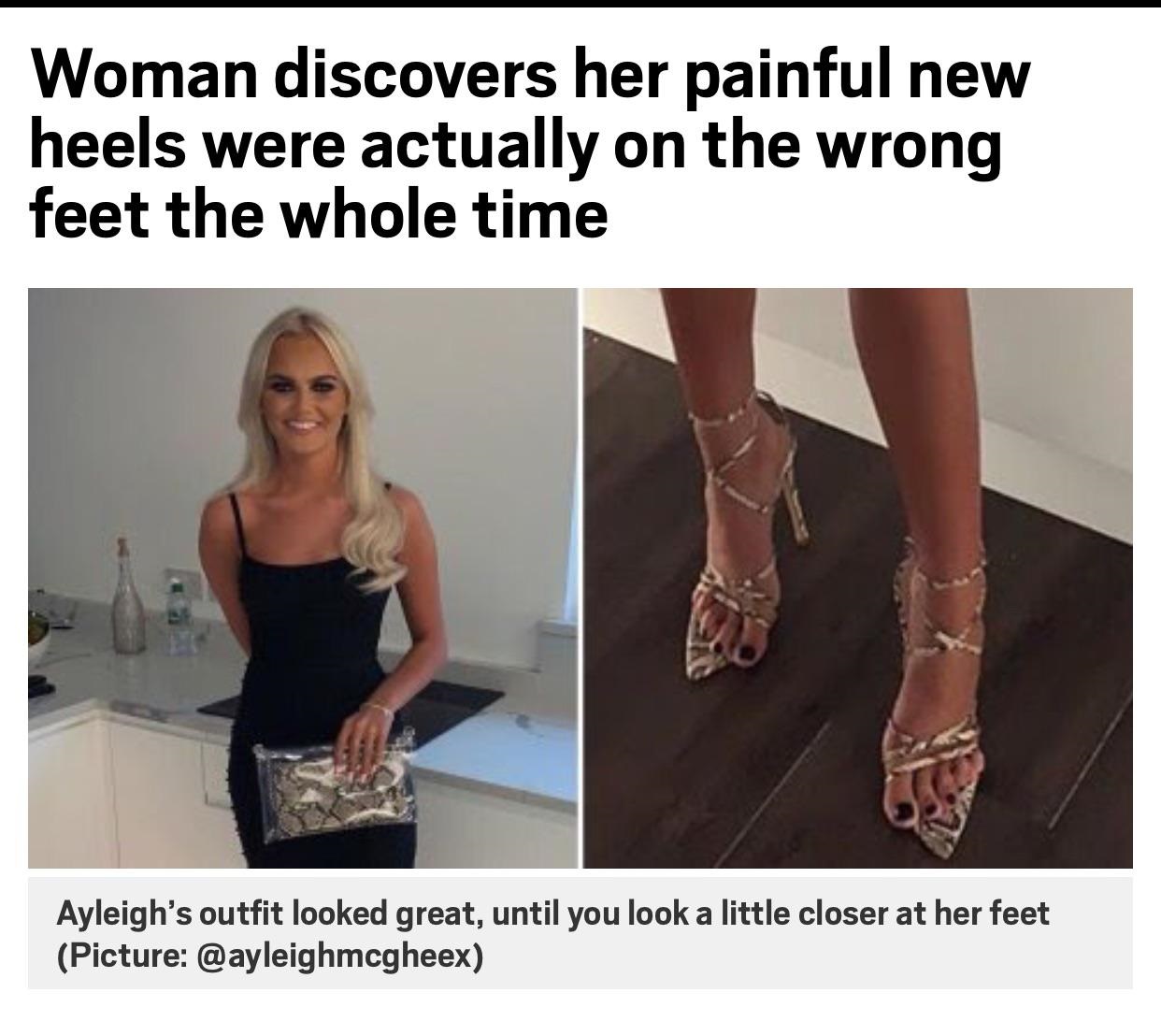 shoulder - Woman discovers her painful new heels were actually on the wrong feet the whole time Ayleigh's outfit looked great, until you look a little closer at her feet Picture