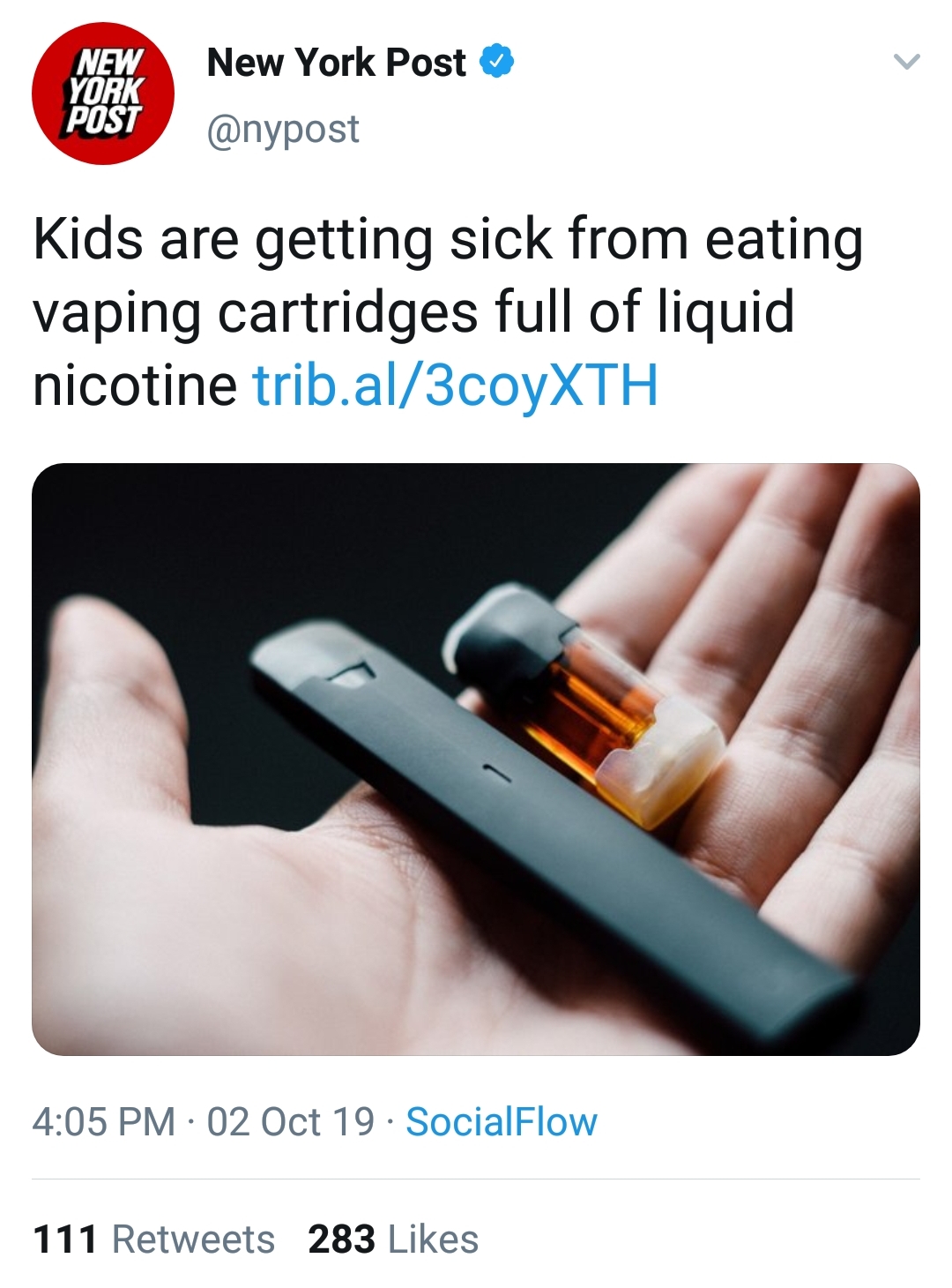new york post - New New York Post Kids are getting sick from eating vaping cartridges full of liquid nicotine trib.al3coyXTH 02 Oct 19. SocialFlow 111 283