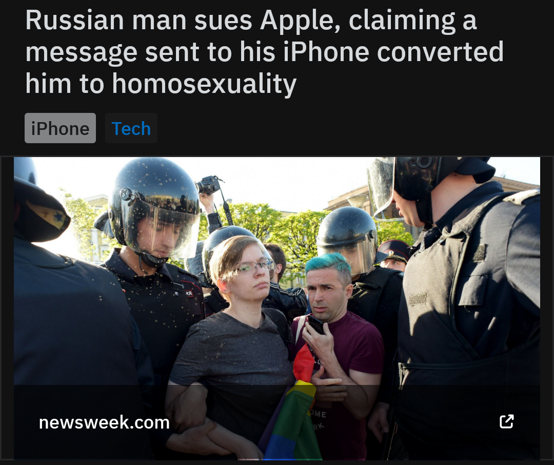 Activism - Russian man sues Apple, claiming a message sent to his iPhone converted, him to homosexuality iPhone Tech newsweek.com