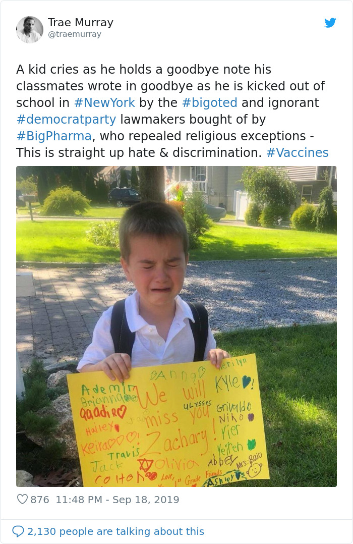 male - Trae Murray A kid cries as he holds a goodbye note his classmates wrote in goodbye as he is kicked out of school in York by the and ignorant lawmakers bought of by , who repealed religious exceptions This is straight up hate & discrimination. Daddb