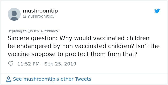 vancityreynolds twitter - mushroomtip Sincere question Why would vaccinated children be endangered by non vaccinated children? Isn't the vaccine suppose to proctect them from that? 8 See mushroomtip's other Tweets