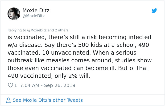 document - Moxie Ditz Ditz and 2 others is vaccinated, there's still a risk becoming infected wa disease. Say there's 500 kids at a school, 490 vaccinated, 10 unvaccinated. When a serious outbreak measles comes around, studies show those even vaccinated c