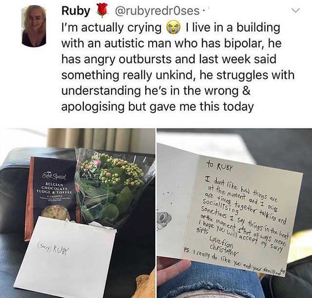 Ruby . I'm actually crying I live in a building with an autistic man who has bipolar, he has angry outbursts and last week said something really unkind, he struggles with understanding he's in the wrong & apologising but gave me this today to Ruby Str.…