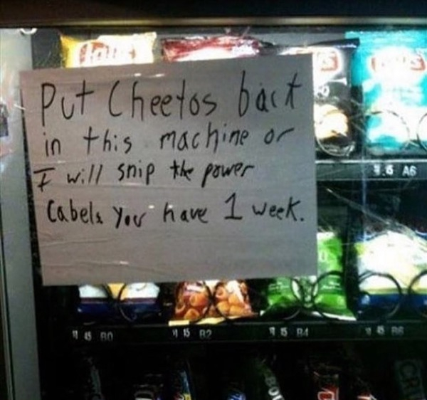 put cheetos back in this machine - i put Cheetos bacte 1.6 A6 in this machine or I will ship the power Cabels you have 1 week. Bs