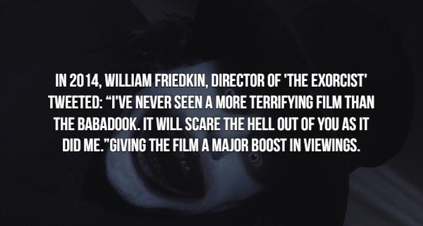 darkness - In 2014, William Friedkin, Director Of The Exorcist' Tweeted T'Ve Never Seen A More Terrifying Film Than The Babadook. It Will Scare The Hell Out Of You As It Did Me "Giving The Film A Major Boost In Viewings.