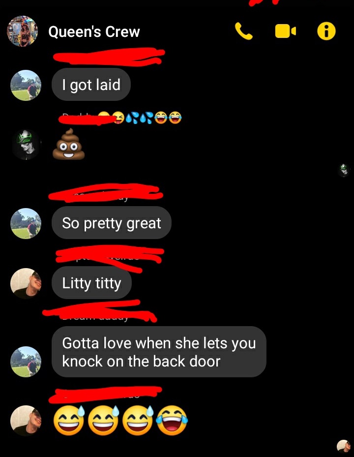 screenshot - Queen's Crew I got laid So pretty great Litty titty Gotta love when she lets you 'knock on the back door