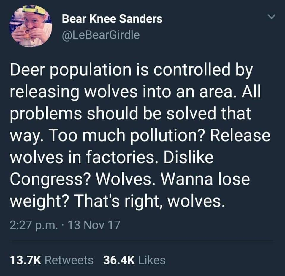 wolves solution to everything - Bear Knee Sanders Deer population is controlled by releasing wolves into an area. All problems should be solved that way. Too much pollution? Release wolves in factories. Dis Congress? Wolves. Wanna lose weight? That's righ
