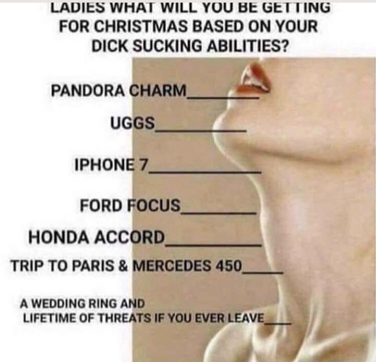 ladies what will you be getting for christmas meme - Ladies What Will You Be Getting For Christmas Based On Your Dick Sucking Abilities? Pandora Charm Uggs Iphone 7 Ford Focus Honda Accord Trip To Paris & Mercedes 450_ A Wedding Ring And Lifetime Of Threa