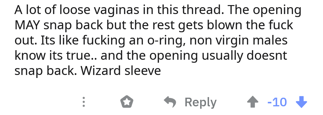 logical quotes - A lot of loose vaginas in this thread. The opening May snap back but the rest gets blown the fuck out. Its fucking an oring, non virgin males know its true.. and the opening usually doesnt snap back. Wizard sleeve i 4 10