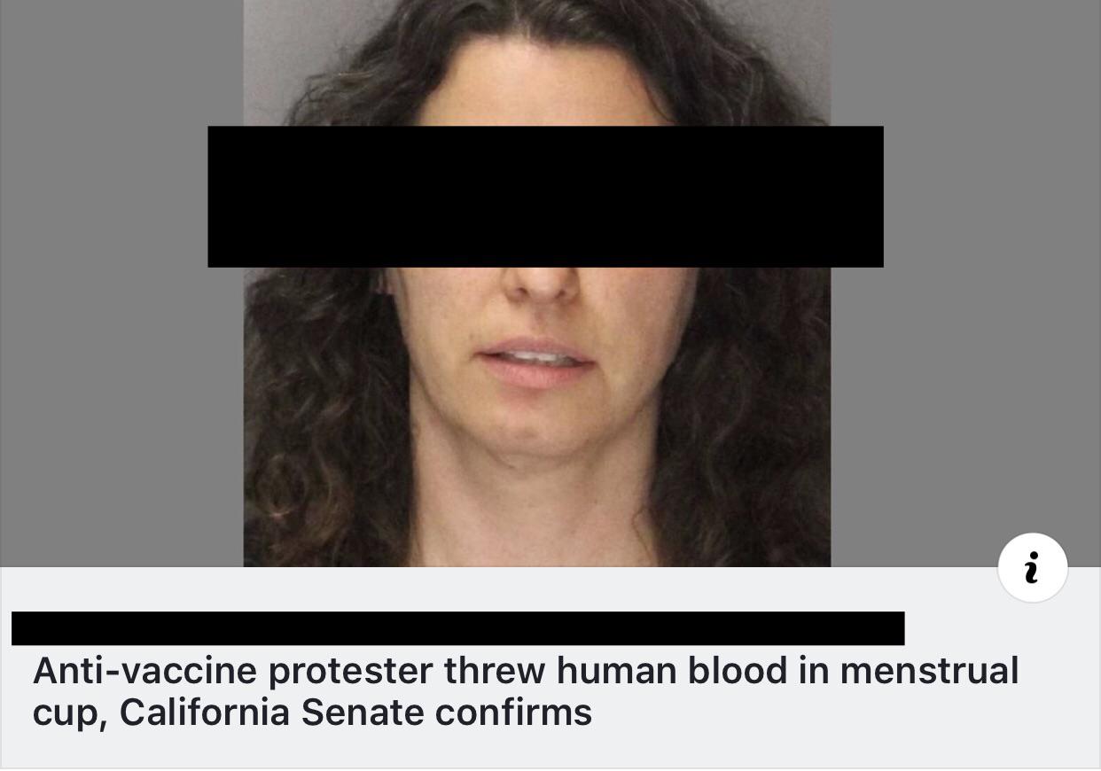 jaw - Antivaccine protester threw human blood in menstrual cup, California Senate confirms