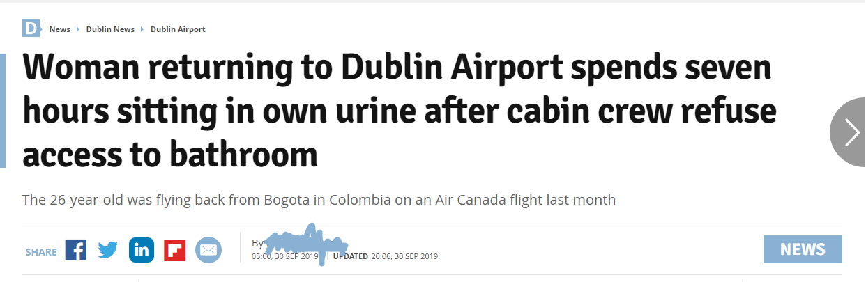 diagram - D News Dublin News Dublin Airport Woman returning to Dublin Airport spends seven hours sitting in own urine after cabin crew refuse access to bathroom The 26yearold was flying back from Bogota in Colombia on an Air Canada flight last month If Yo