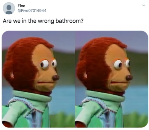 monkey looking away meme - Five Are we in the wrong bathroom?