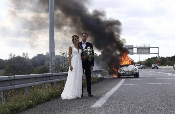 wedding burning car