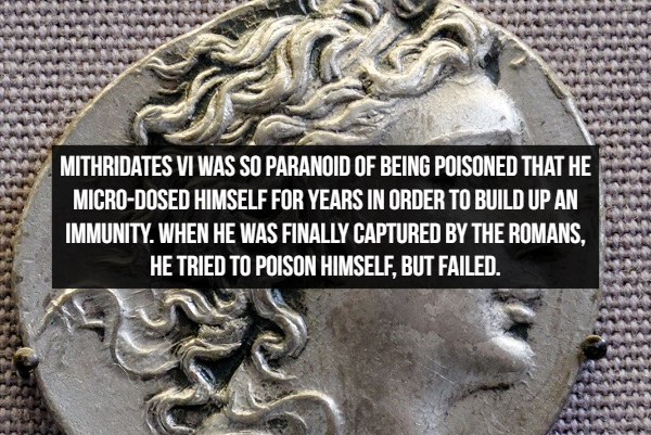 Mithridates Vi Was So Paranoid Of Being Poisoned That He MicroDosed Himself For Years In Order To Build Up An Immunity. When He Was Finally Captured By The Romans. He Tried To Poison Himself, But Failed.