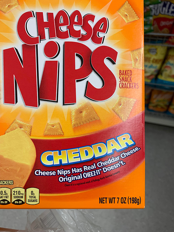 breakfast cereal - Baked Snack Crackers Cheddar Cheese Nips Has Real S Real Cheddar Cheese Ackers Original CheezIt Doesn't. 0.5, Fit Fat 210 Sodium 0 Total Net Wt 7 Oz 1989