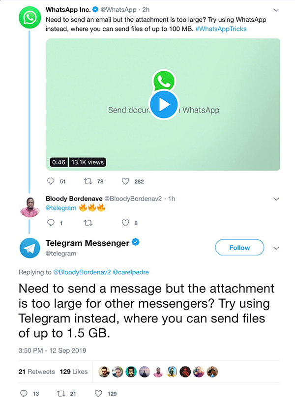 web page - WhatsApp Inc. 2h Need to send an email but the attachment is too large? Try using WhatsApp instead, where you can send files of up to 100 Mb. Tricks Send docur. WhatsApp views 51 1278 282 Bloody Bordenave .1h Telegram Messenger Bordenav2 Need t