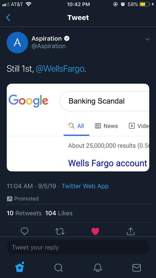 .111 At&T @ @ 58% 4 Tweet Aspiration Still 1st, . Google Banking Scandal Q Alle News Vide About 25,000,000 results 0.54 Wells Fargo account 9519. Twitter Web App Promoted 10 104 Tweet your