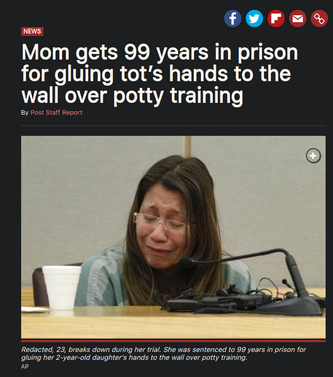 photo caption - fyrvey News Mom gets 99 years in prison for gluing tot's hands to the wall over potty training By Post Staff Report Redacted, 23, breaks down during her trial. She was sentenced to 99 years in prison for gluing her 2yearold daughter's hand