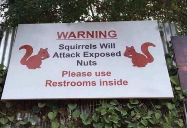 caution squirrels attack exposed nuts - Warning Squirrels Will Attack Exposed Nuts Please use Restrooms inside