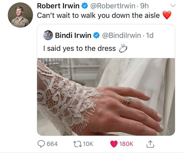 bindi irwin wedding dress - Robert Irwin 9h Can't wait to walk you down the aisle Bindi Irwin 1d | said yes to the dress o