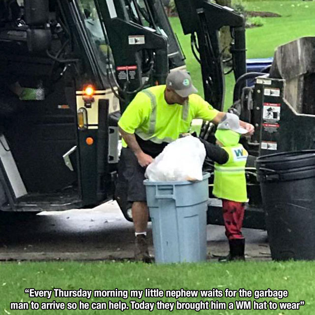 vehicle - No . "Every Thursday morning my little nephew waits for the garbage man to arrive so he can help. Today they brought him a Wm hat to wear