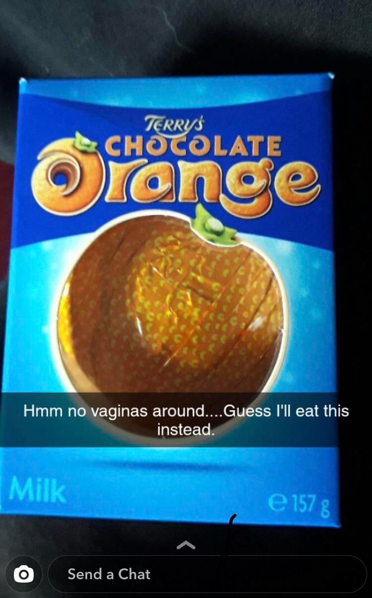 Terry'S Chocolate Orange Hmm no vaginas around....Guess I'll eat this instead. Milk e 1578 0 Send a Chat