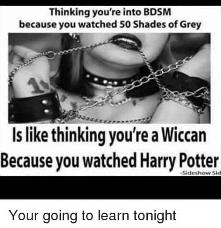 bdsm 50 shades of grey - Thinking you're into Bdsm because you watched 50 Shades of Grey Is thinking you're a Wiccan Because you watched Harry Potter Sideshow Sid Your going to learn tonight