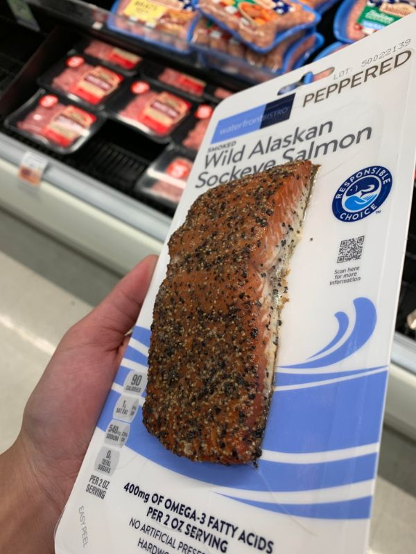 snack - Peppered Asibla Wild Alaskan Sockeve Salmon Spo Ay Chance Scan here For move formation Per 2 Oz Serving 400mg Of Omega3 Fatty Acids Per 2 Oz Serving No Artificial Pres Easy Peel Hardws