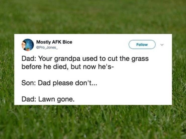 grass - Mostly Afk Bice Pro_Jones Dad Your grandpa used to cut the grass before he died, but now he's Son Dad please don't... Dad Lawn gone.
