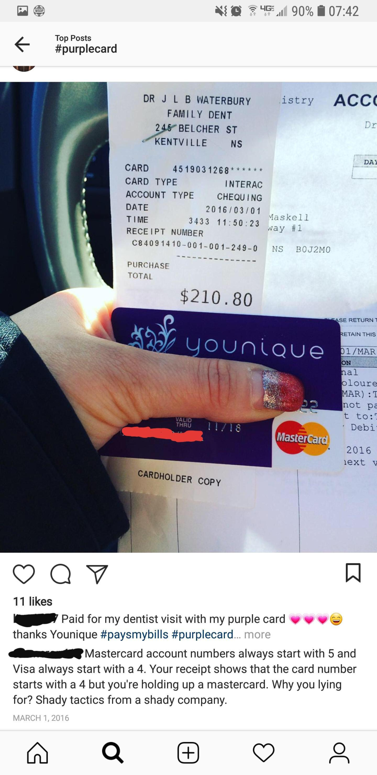 younique card meme - 90% Latty Acco Dr Lb Waterbury Family Bent 341 Belcher St Kentville Ns Mccount Type Chequin 10 $210.80 younique Chronolder Cop Oy 11 Paid for my dentist visit with my purple card Thanks Younique payamybills wpurplecard mom Mastercard